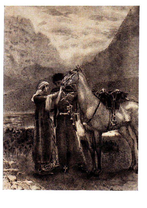 Старая открытка Уныло Зара перед ним коня походного держала