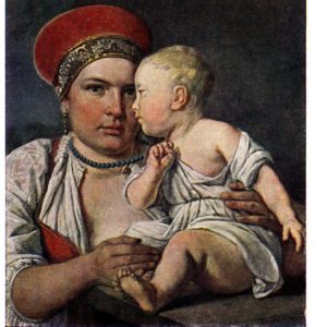 Старая открытка Кормилица с ребенком