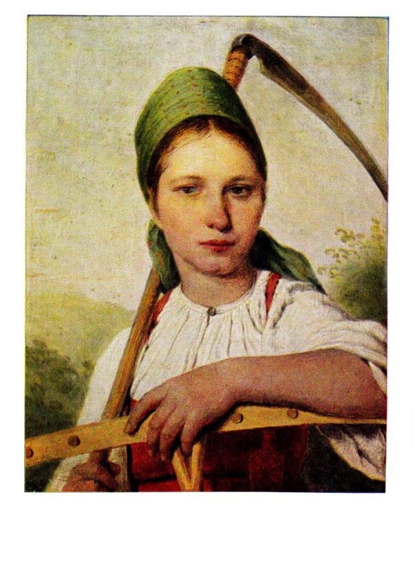 Старая открытка Крестьянка с косой и граблями