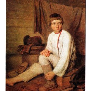 Старая открытка Крестьянский мальчик, надевающий лапти